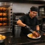 Dueño de pollería peruana haciendo uso de equipos de cocina industrial.