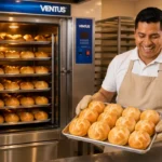 Emprendedor panadero haciendo uso de sus hornos industriales.