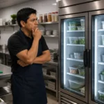 Emprendedor evaluando sus equipos de refrigeración comercial.